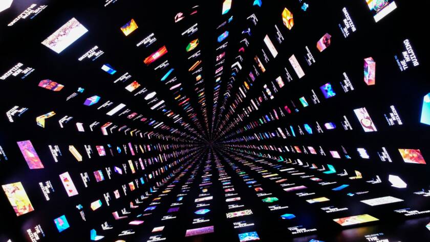 a very large display of many different types of tvs