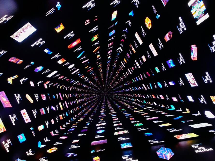 a very large display of many different types of tvs