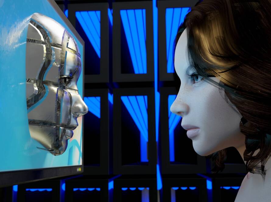 a female mannequin is looking at a computer screen